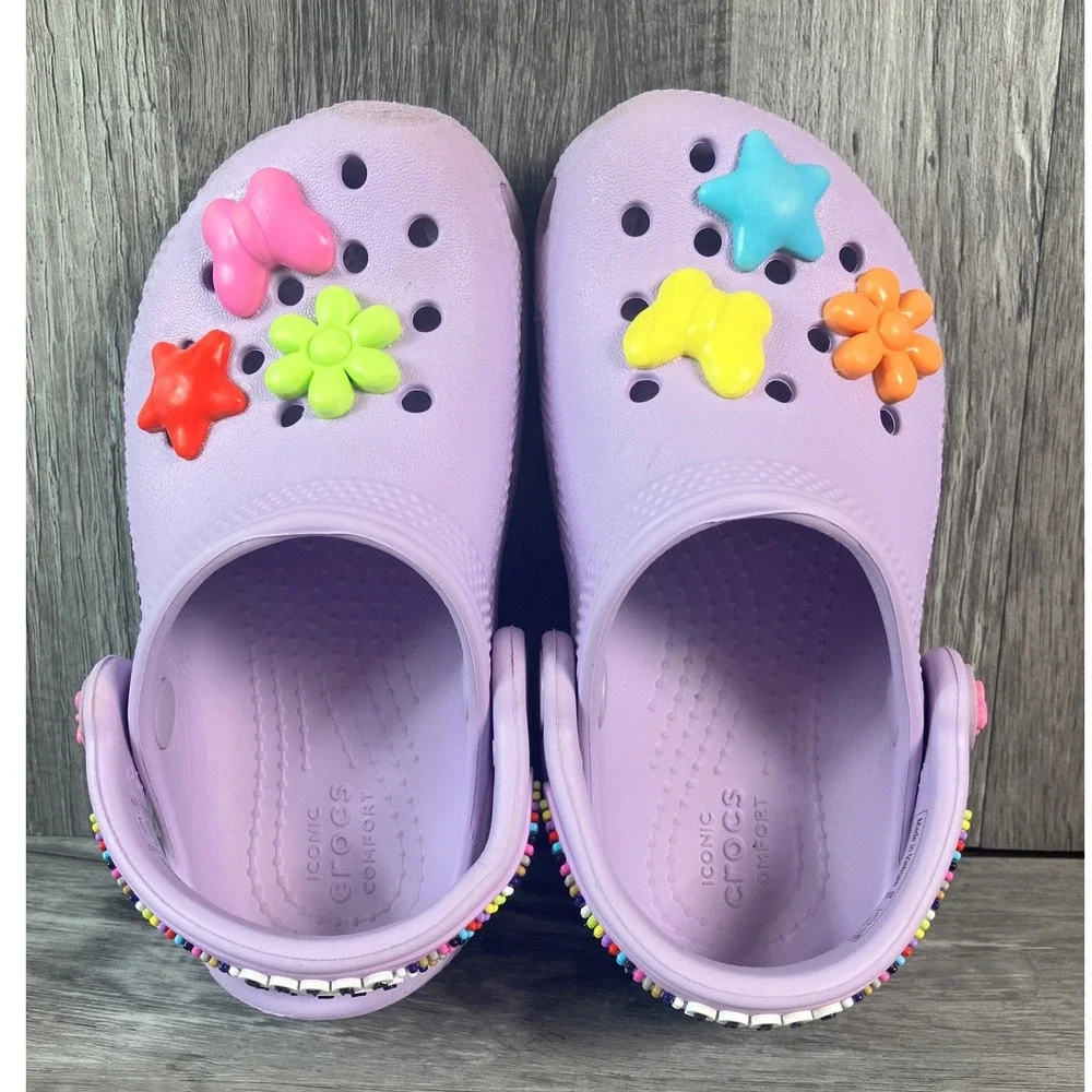 Crocs Classic Clogs Orchid Purple Toddler Size C9 Beaded Straps 3D Charms Kids